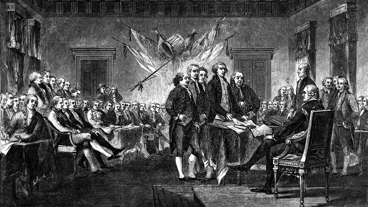 Historical engraving of the signing of the Declaration of Independence